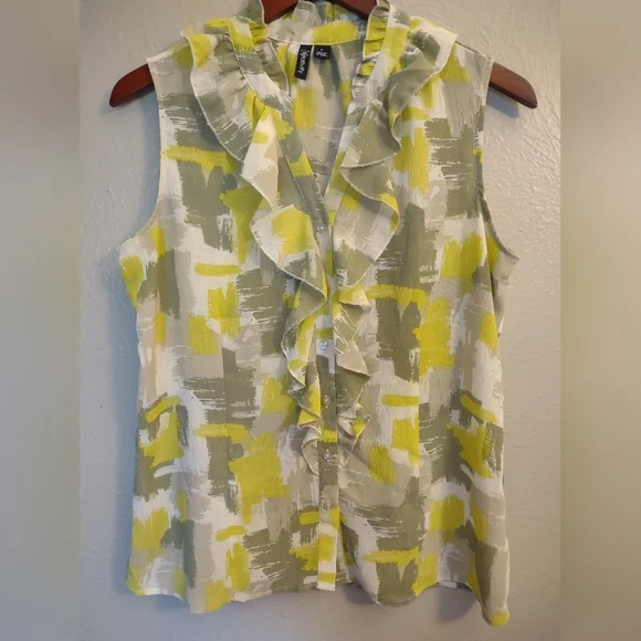 Relativity Sleeveless Ruffle Neck Blouse Lime Green Gray Abstract Print Large - Picture 2 of 9